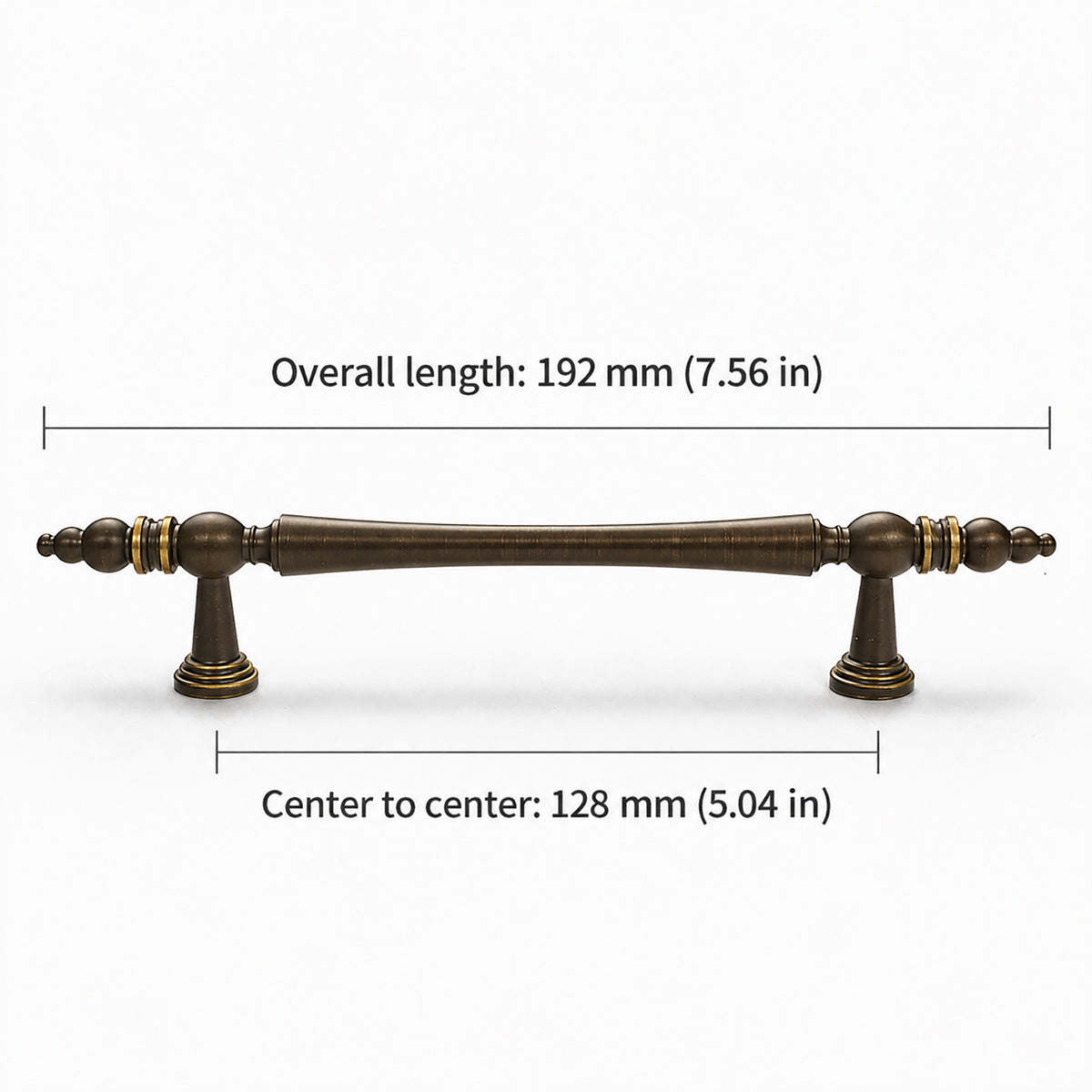Measurements for dark antique brass bar cabinet pull with tapered center and gold rings, style #10 (128 mm).