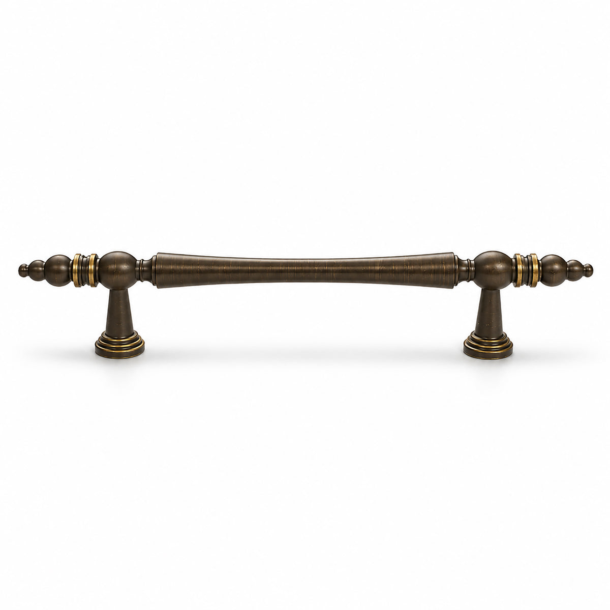 Dark antique brass bar cabinet pull with tapered center and gold rings, style #10 (128 mm).