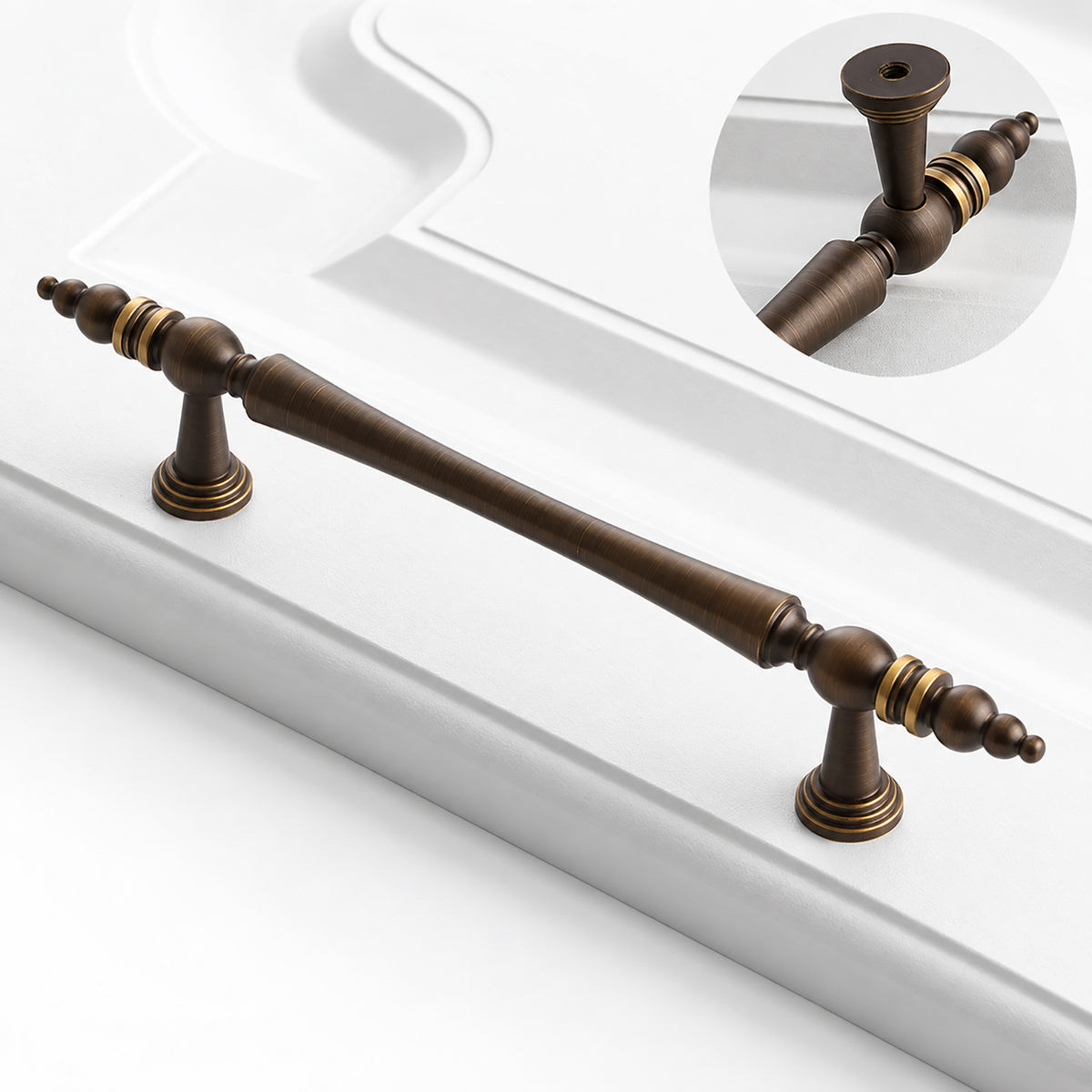 Side and mounting view of dark antique brass bar cabinet pull with tapered center and gold rings, style #10 (128 mm).
