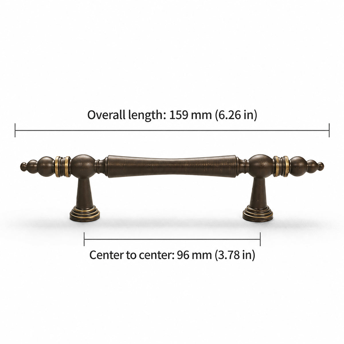 Measurements for dark antique brass bar cabinet pull with tapered center and gold rings, style #10 (96 mm).