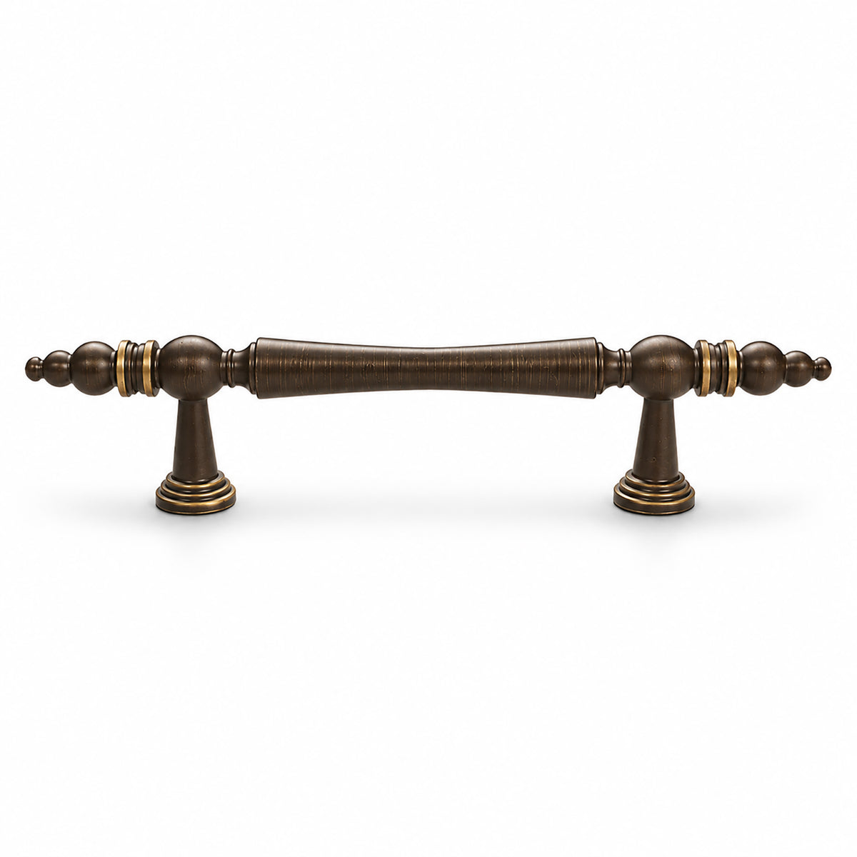Dark antique brass bar cabinet pull with tapered center and gold rings, style #10 (96 mm).
