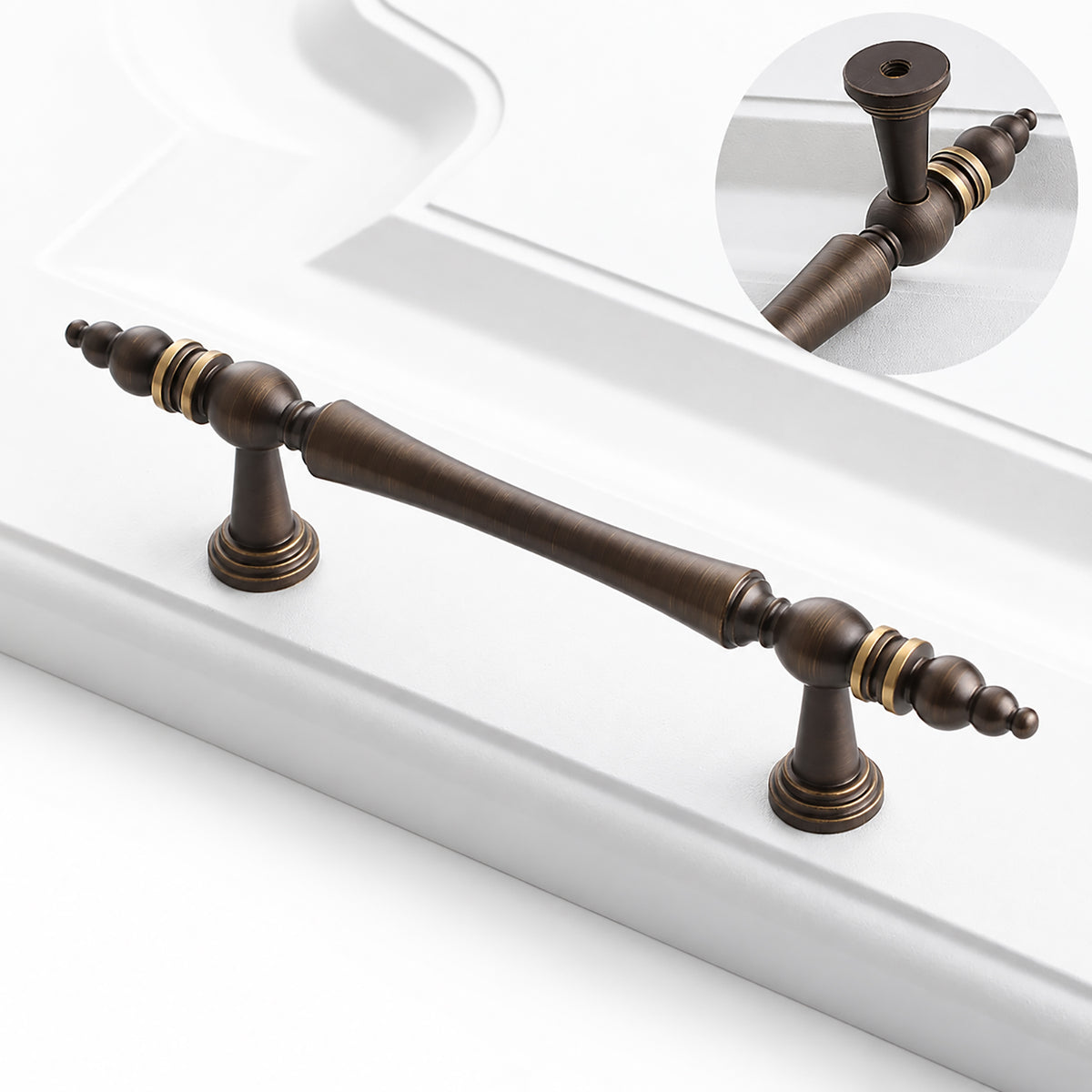 Side and mounting view of dark antique brass bar cabinet pull with tapered center and gold rings, style #10 (96 mm).