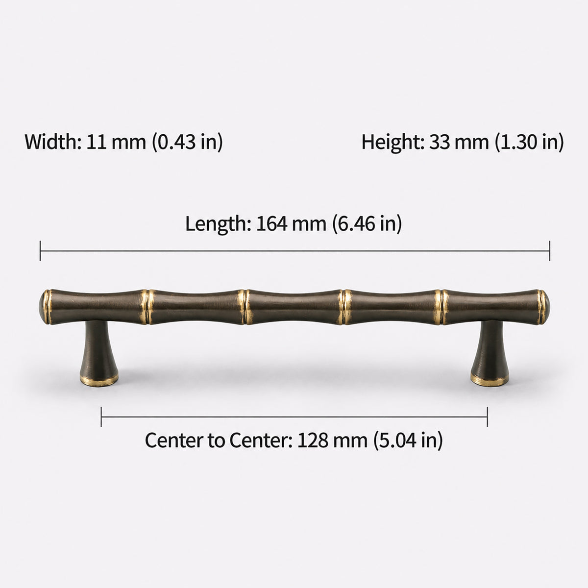Measurements for segmented dark antique brass bar cabinet pull with gold rings, style #11 (128 mm).