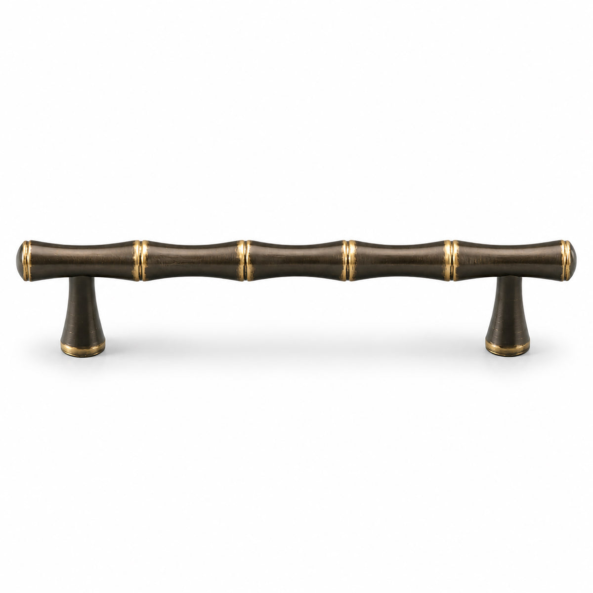 Segmented dark antique brass bar cabinet pull with gold rings, style #11 (128 mm).