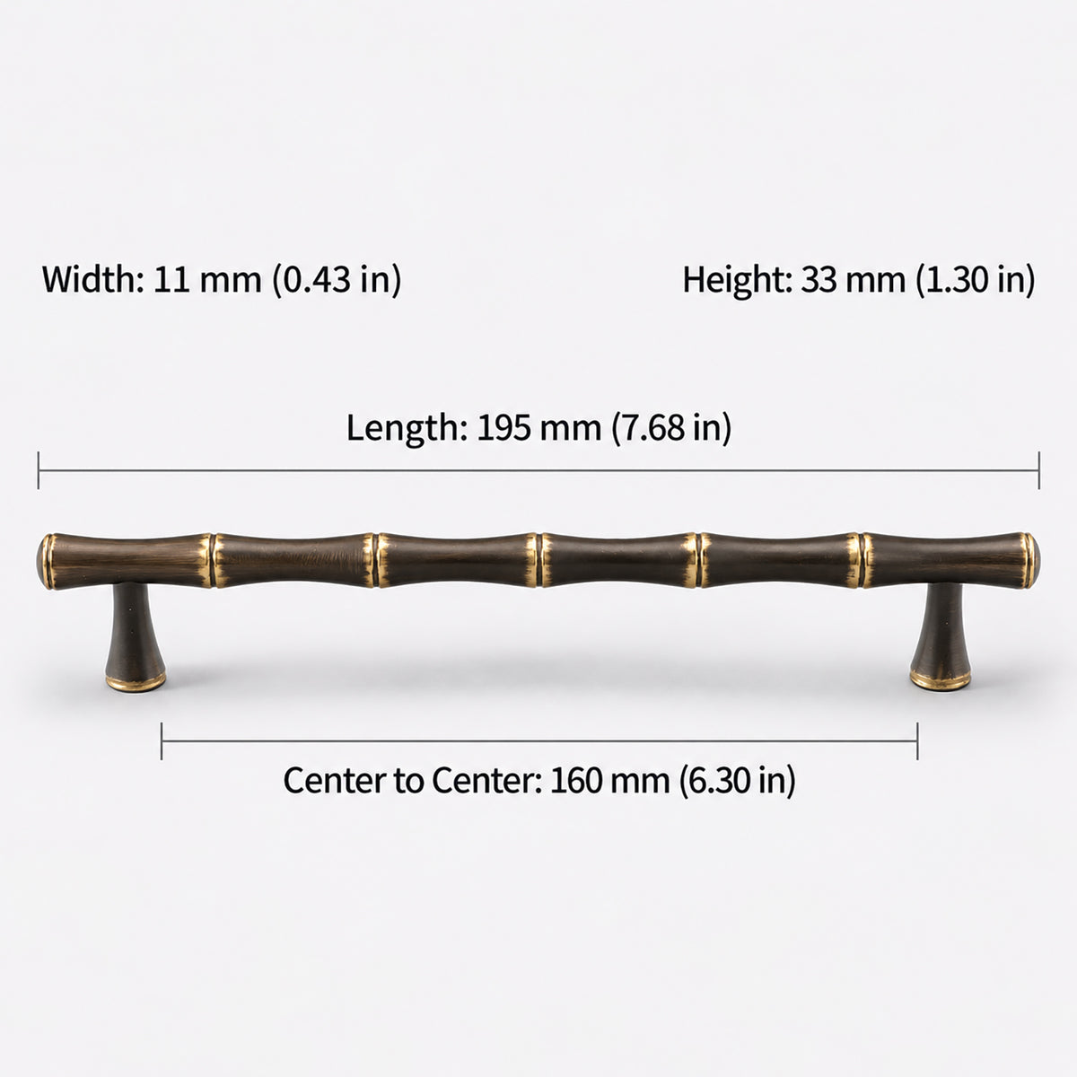 Measurements for segmented dark antique brass bar cabinet pull with gold rings, style #11 (160 mm).