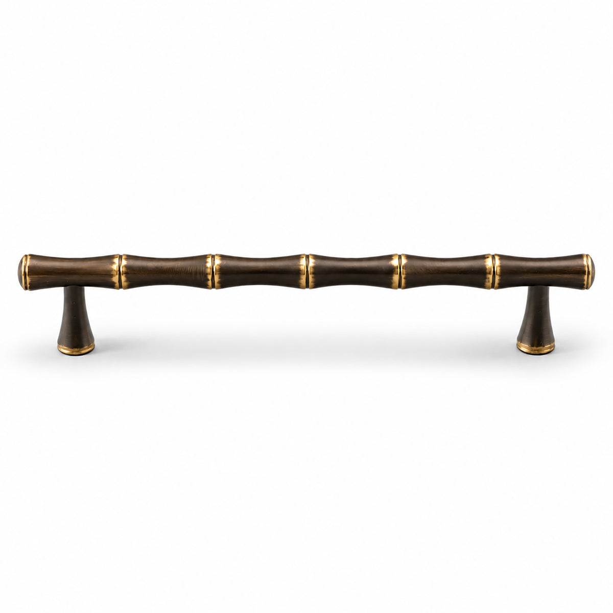 Segmented dark antique brass bar cabinet pull with gold rings, style #11 (160 mm).