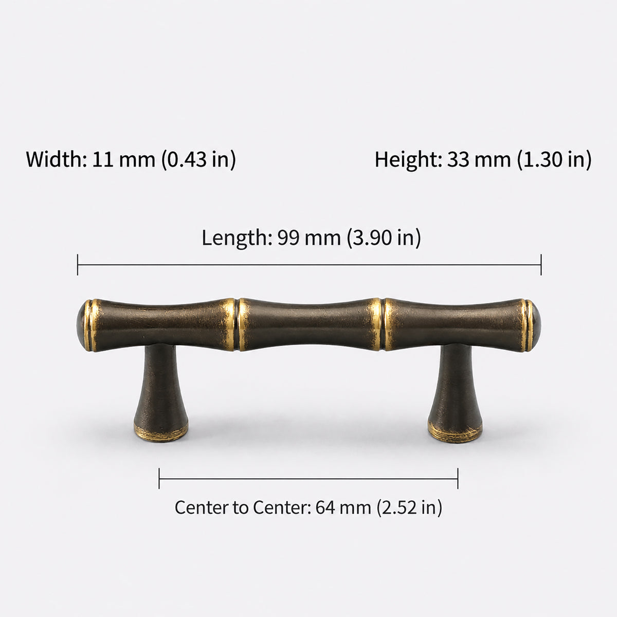 Measurements for segmented dark antique brass bar cabinet pull with gold rings, style #11 (64 mm).