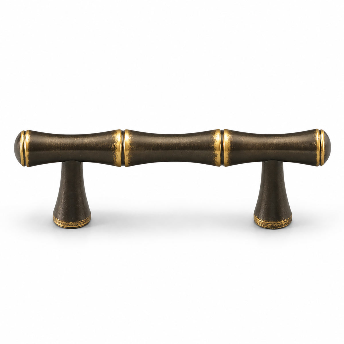 Segmented dark antique brass bar cabinet pull with gold rings, style #11 (64 mm).