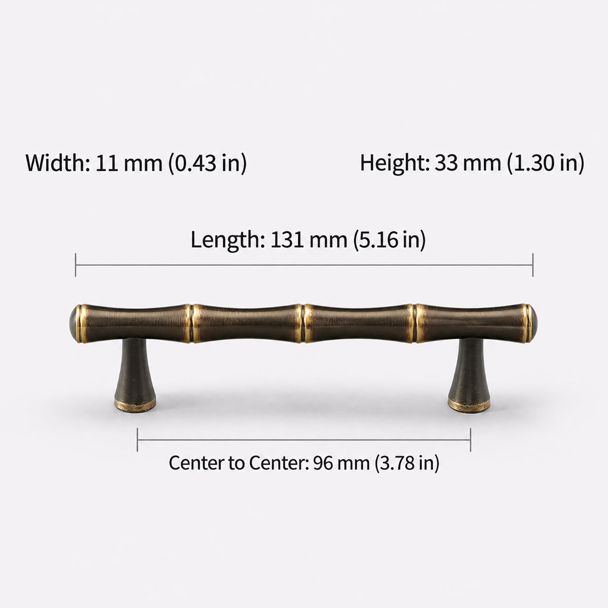 Measurements for segmented dark antique brass bar cabinet pull with gold rings, style #11 (96 mm).