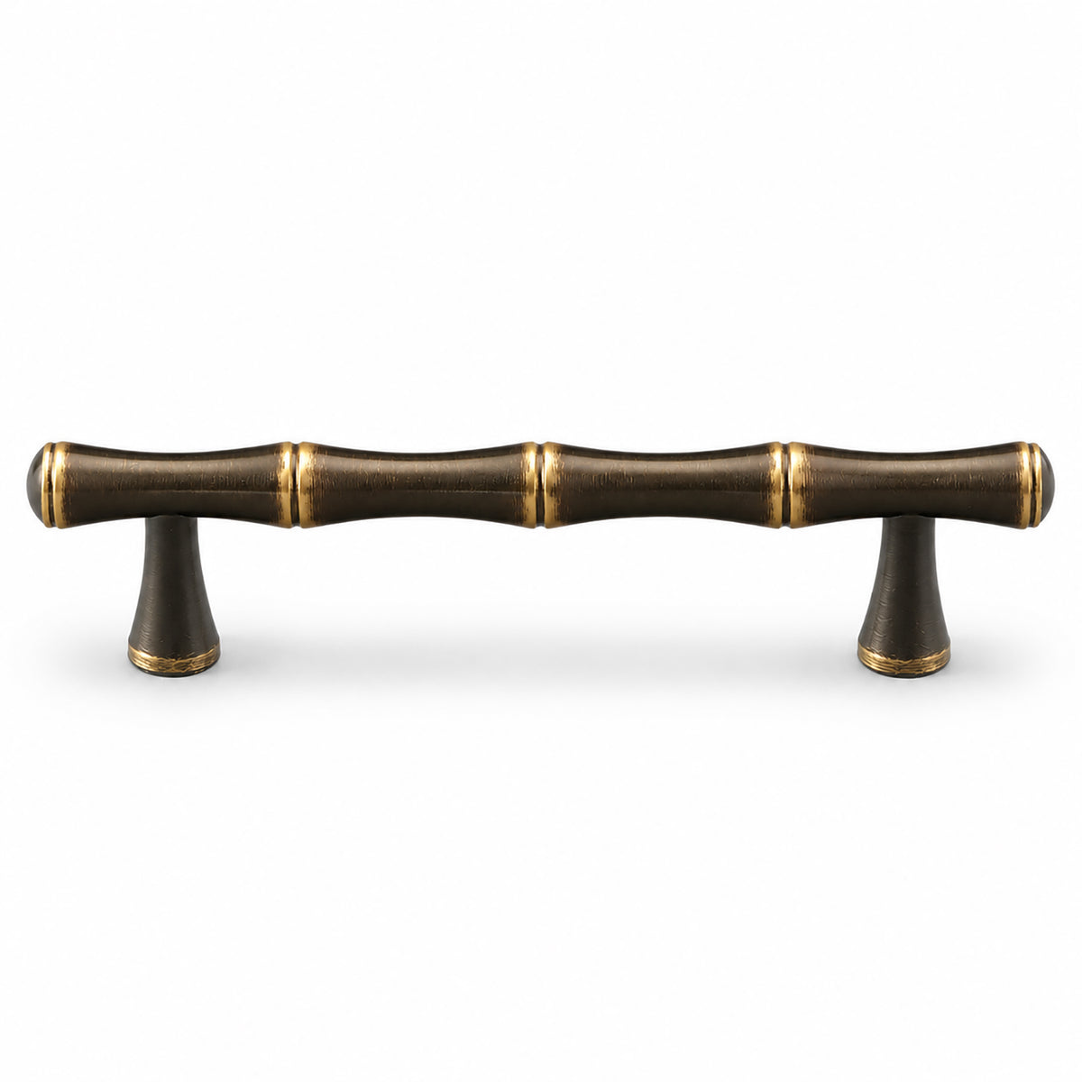 Segmented dark antique brass bar cabinet pull with gold rings, style #11 (96 mm).