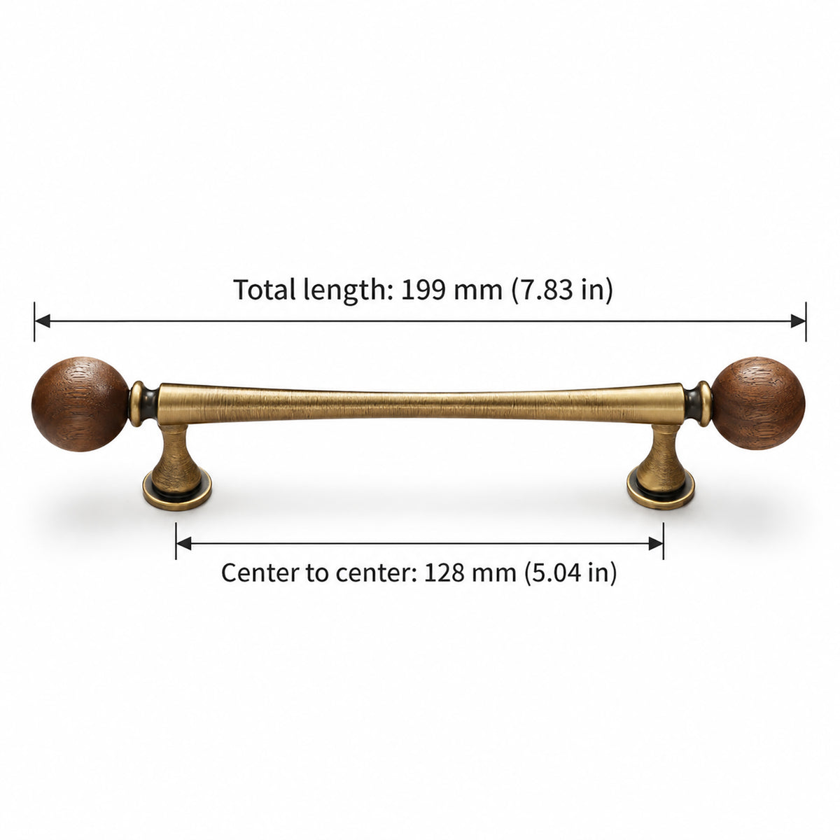 Measurements for brass bar cabinet pull with dark wood ball ends, style #17 (128 mm).