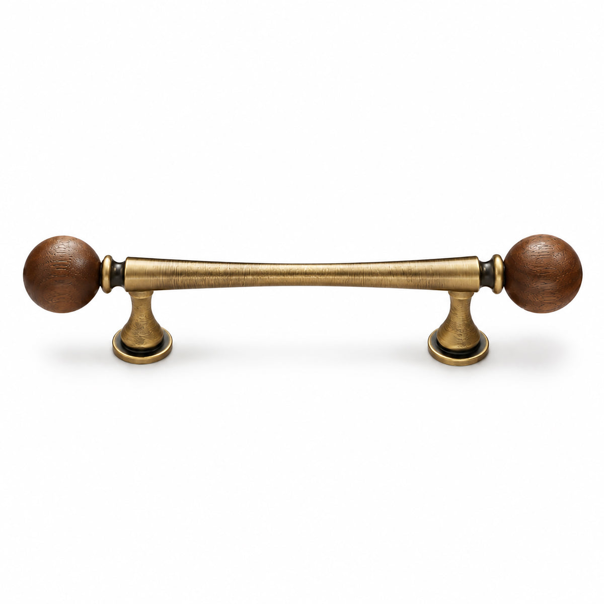 Brass bar cabinet pull with dark wood ball ends, style #17 (128 mm).
