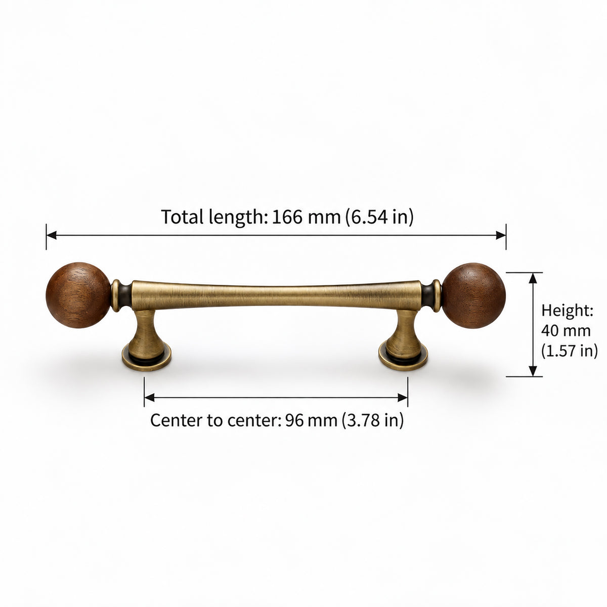 Measurements for brass bar cabinet pull with dark wood ball ends, style #17 (96 mm).
