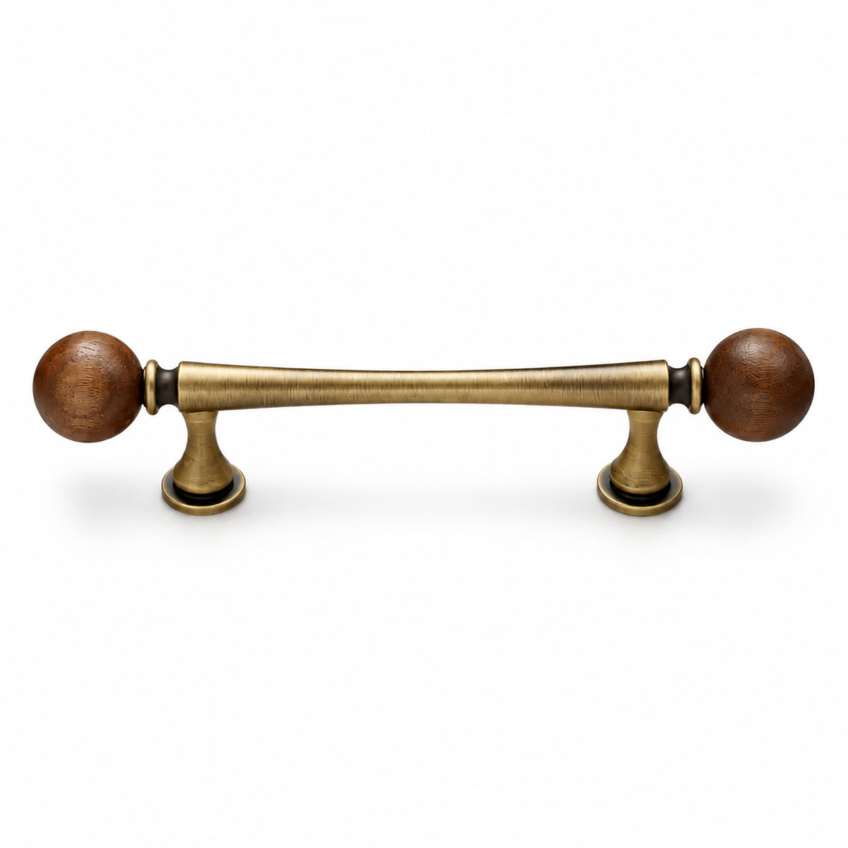 Brass bar cabinet pull with dark wood ball ends, style #17 (96 mm).