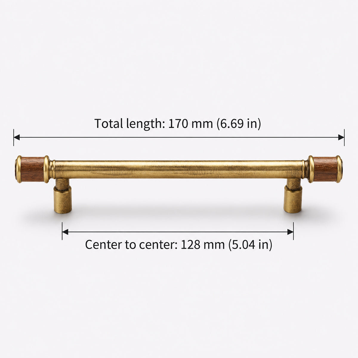 Measurements and mounting details for brass bar cabinet pull with dark wood end sleeves, style #18 (128 mm hole centers).