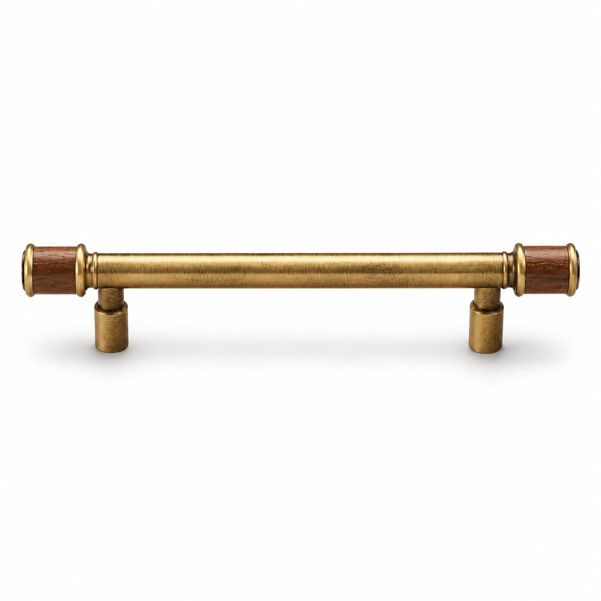 Brass bar cabinet pull with dark wood end sleeves, style #18 (128 mm hole centers).
