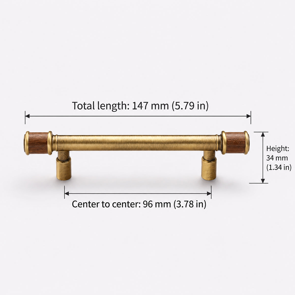 Measurements for brass bar cabinet pull with dark wood end sleeves, style #18 (96 mm).