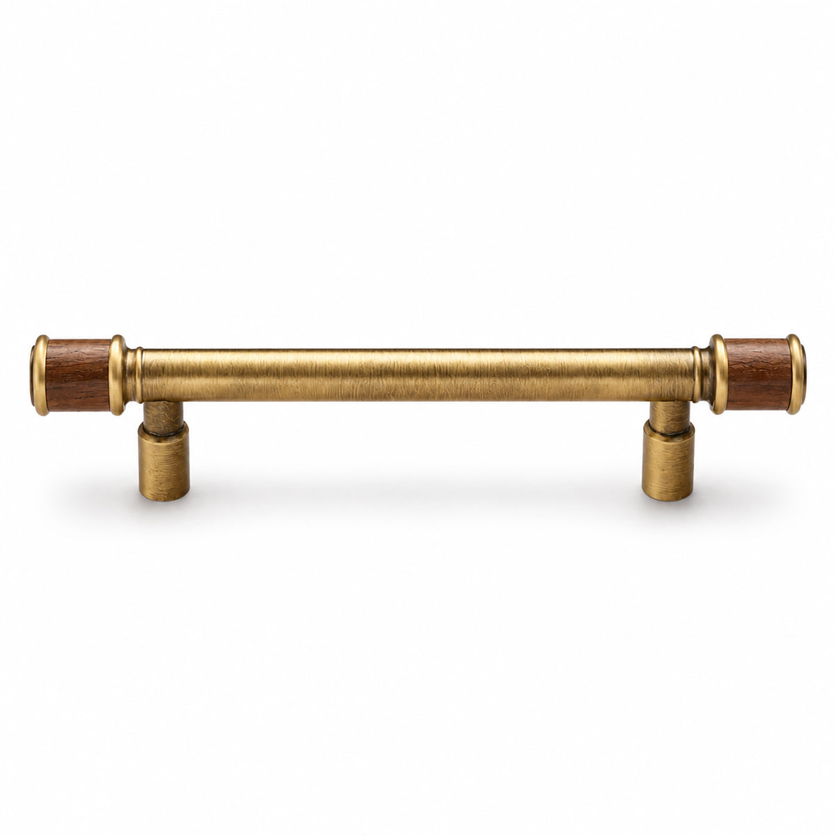 Brass bar cabinet pull with dark wood end sleeves, style #18 (96 mm).