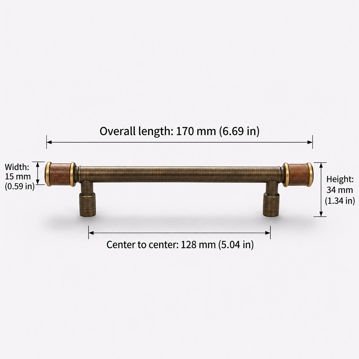 Measurements for dark antique brass bar cabinet pull with short brown end caps, style #2 (128 mm).