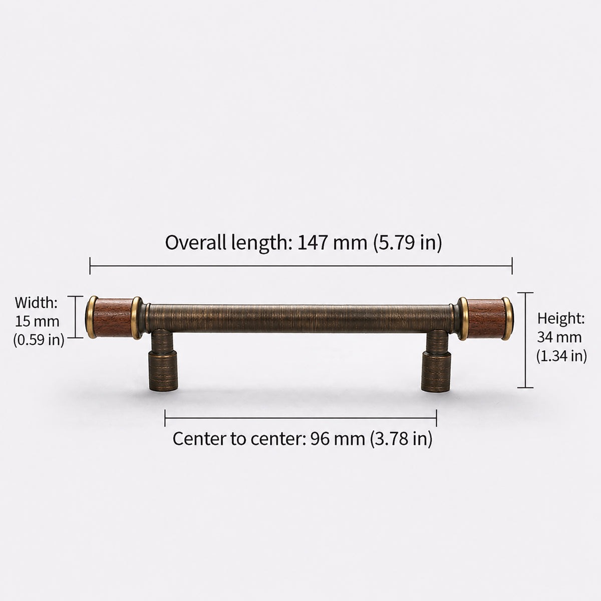 Measurements for dark antique brass bar cabinet pull with short brown end caps, style #2 (96 mm).