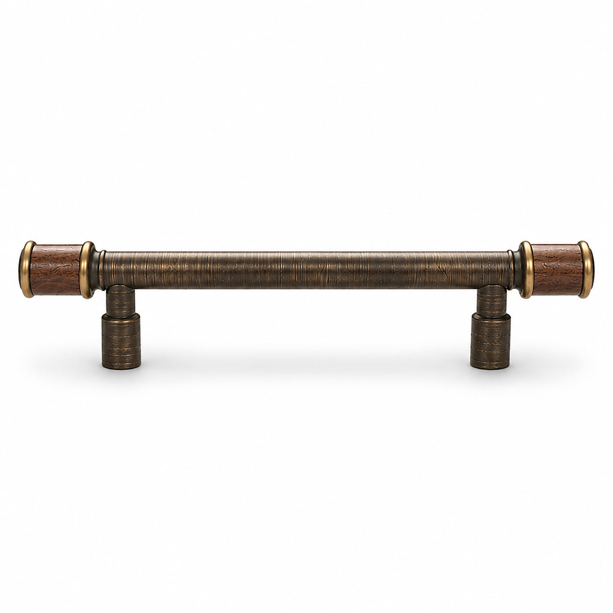 Dark antique brass bar cabinet pull with short brown end caps, style #2 (96 mm).
