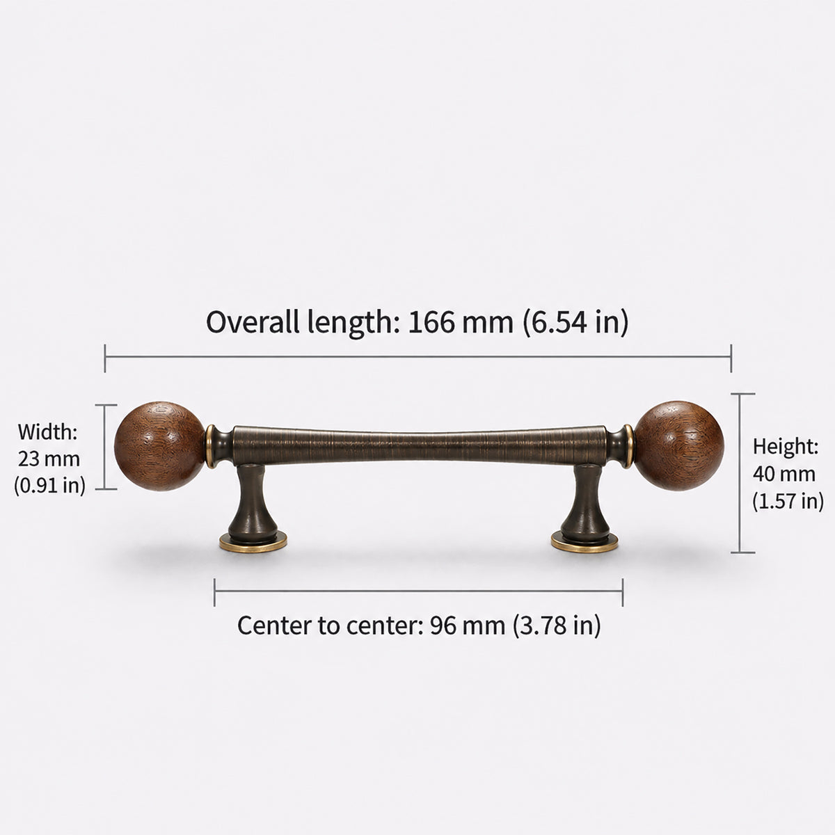 Measurements for dark antique brass bar cabinet pull with wood ball ends, style #3 (96 mm).