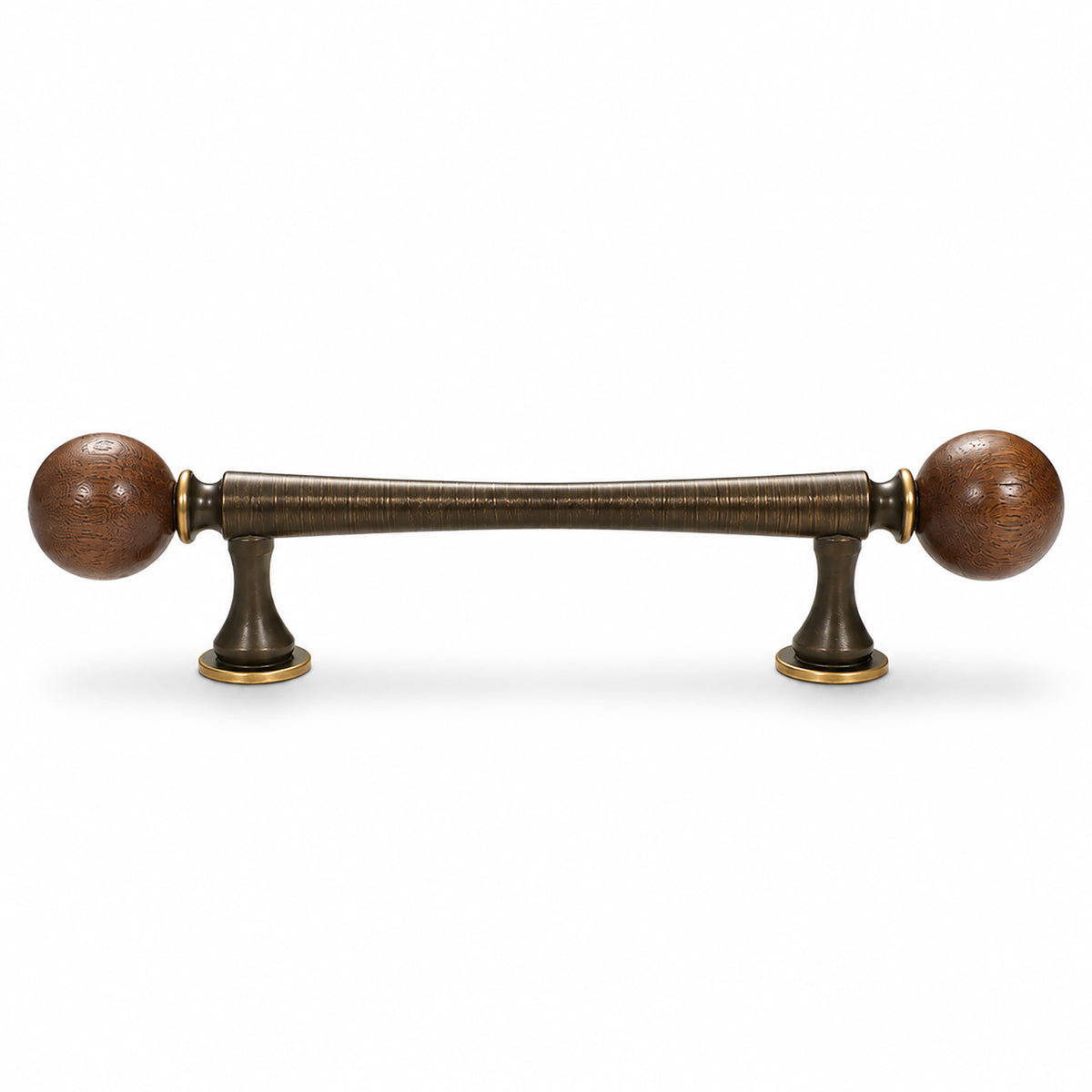Dark antique brass bar cabinet pull with wood ball ends, style #3 (96 mm).