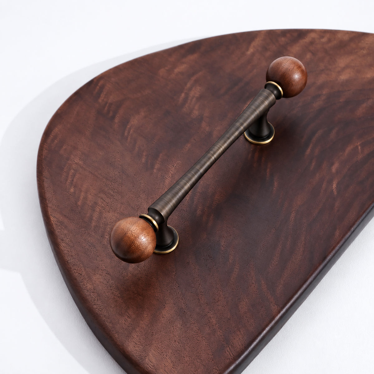 Side and mounting view of dark antique brass bar cabinet pull with wood ball ends, style #3 (96 mm).