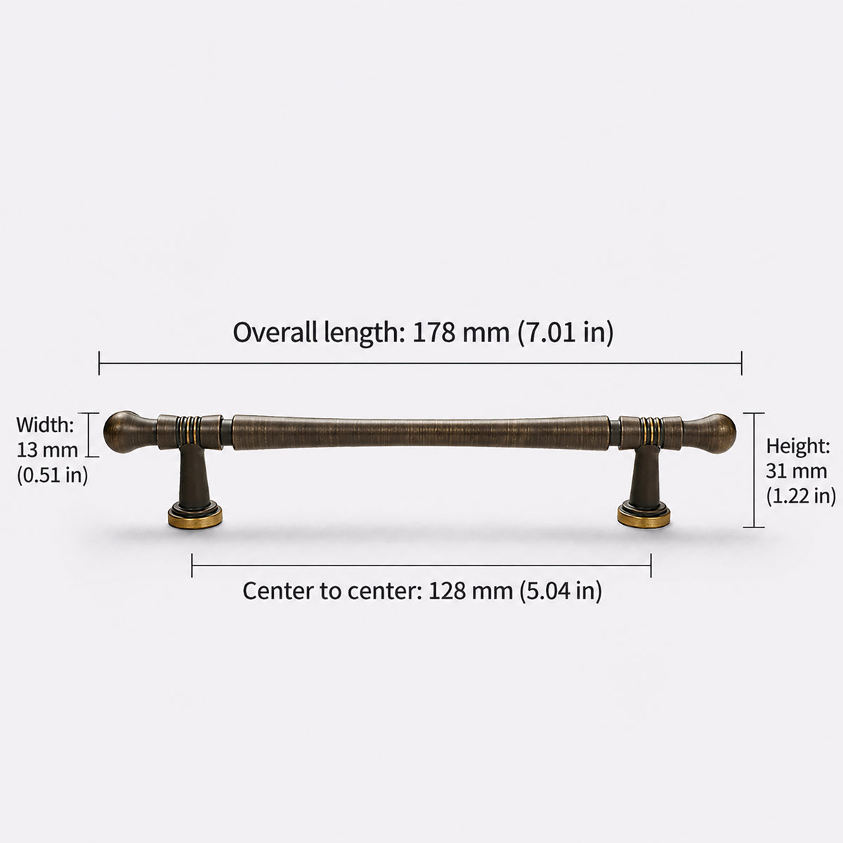 Measurements for dark antique brass bar cabinet pull with ringed spindle, style #4 (128 mm).