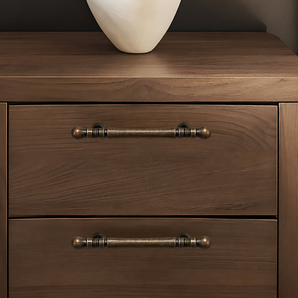 In-use view of dark antique brass bar cabinet pull with ringed spindle, style #4 (128 mm).