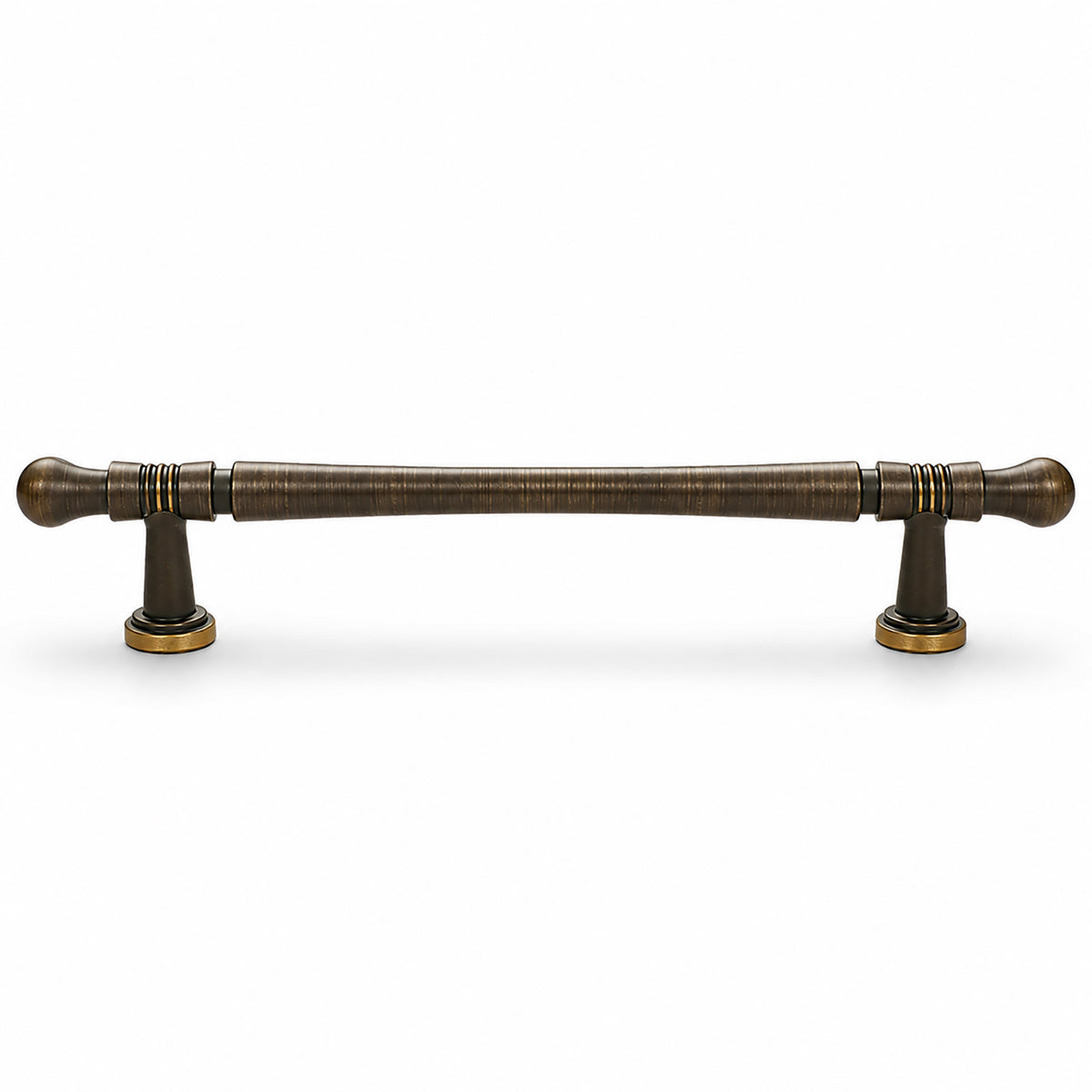 Dark antique brass bar cabinet pull with ringed spindle, style #4 (128 mm).