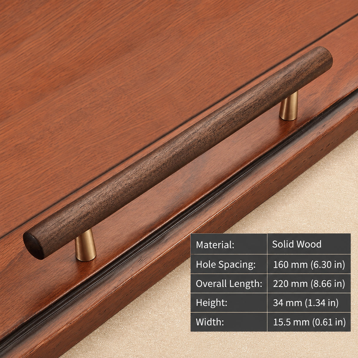 Measurements for slim walnut wood bar cabinet pull with gold-colored mounts, style #4 (160 mm).