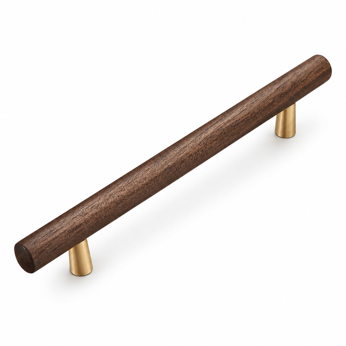 Slim walnut wood bar cabinet pull with gold-colored mounts, style #4 (160 mm).