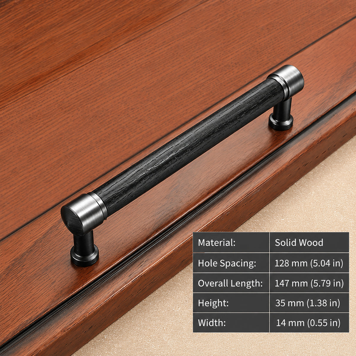 Measurements for black oak bar cabinet pull with silver-colored mounts, style #5 (128 mm).