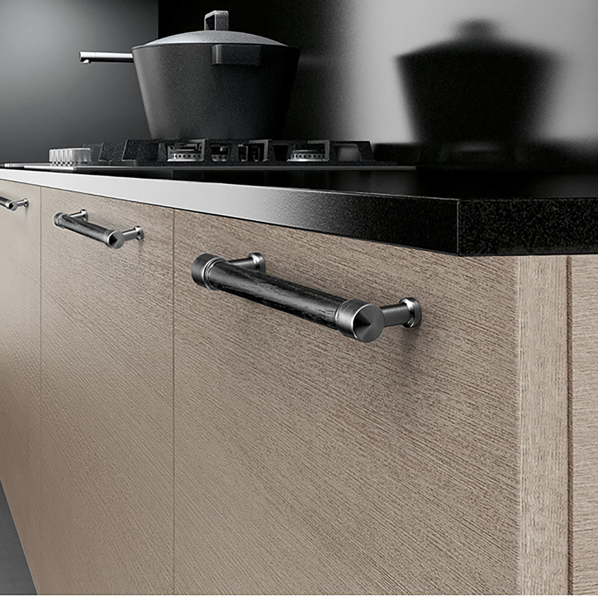 In-use view of black oak bar cabinet pull with silver-colored mounts, style #5 (128 mm).