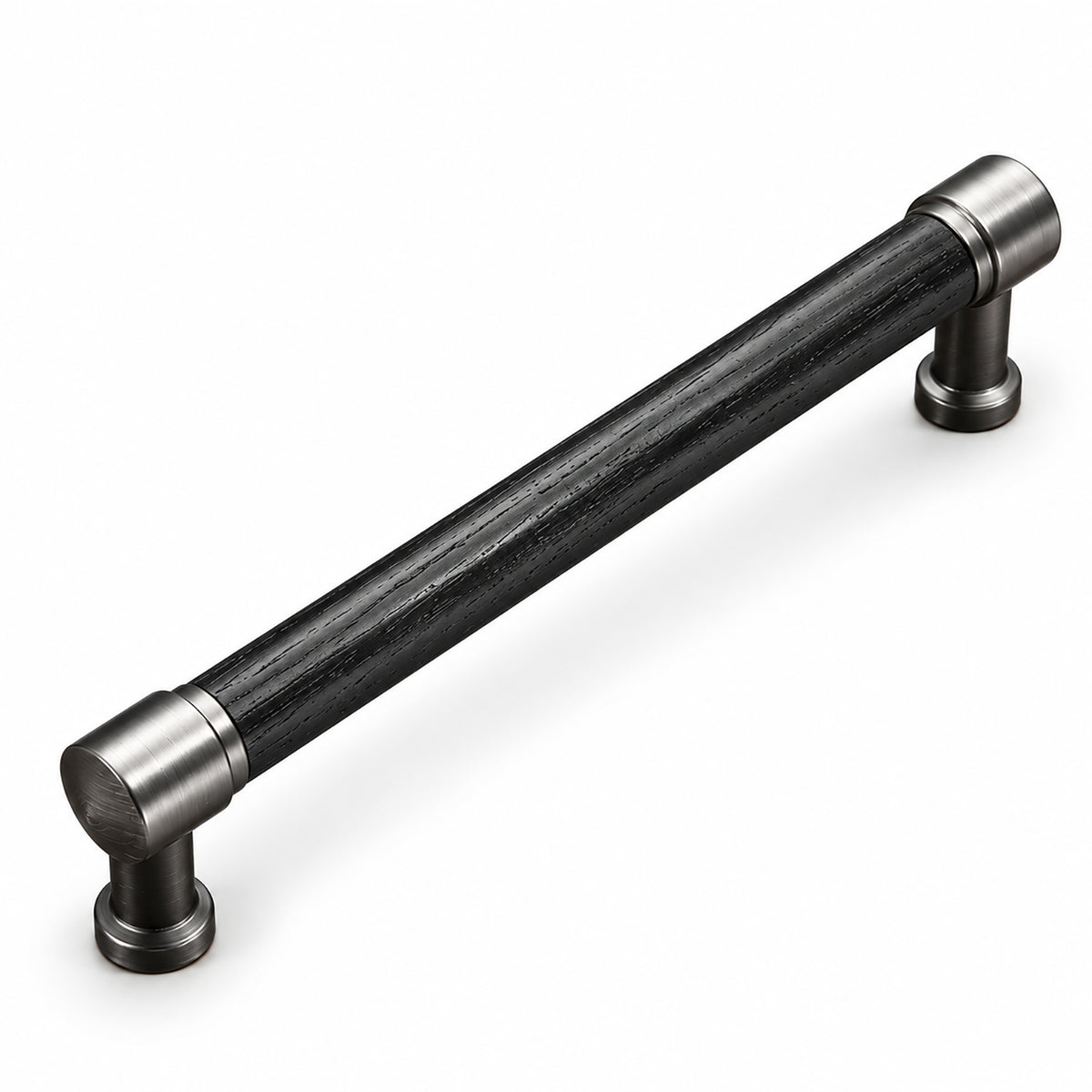 Black oak bar cabinet pull with silver-colored mounts, style #5 (128 mm).