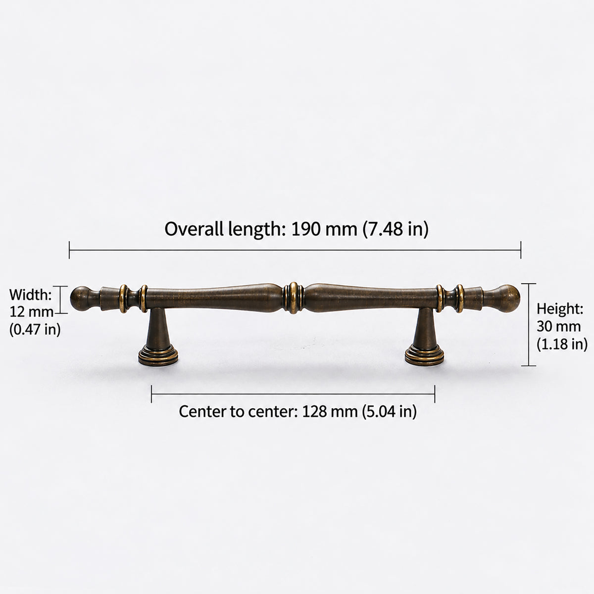 Measurements for dark antique brass bar cabinet pull with turned spindle and finial ends, style #5 (128 mm).