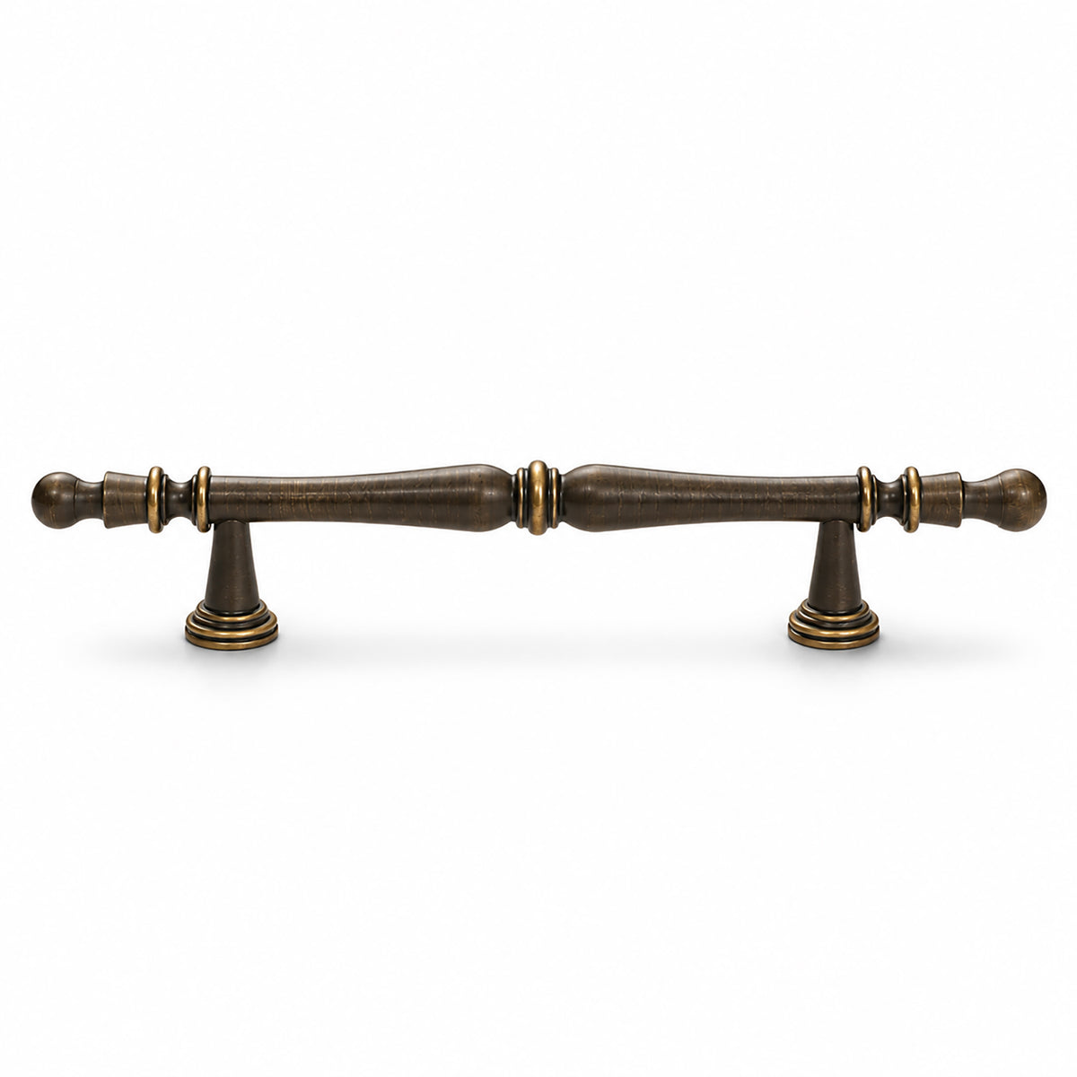 Dark antique brass bar cabinet pull with turned spindle and finial ends, style #5 (128 mm).
