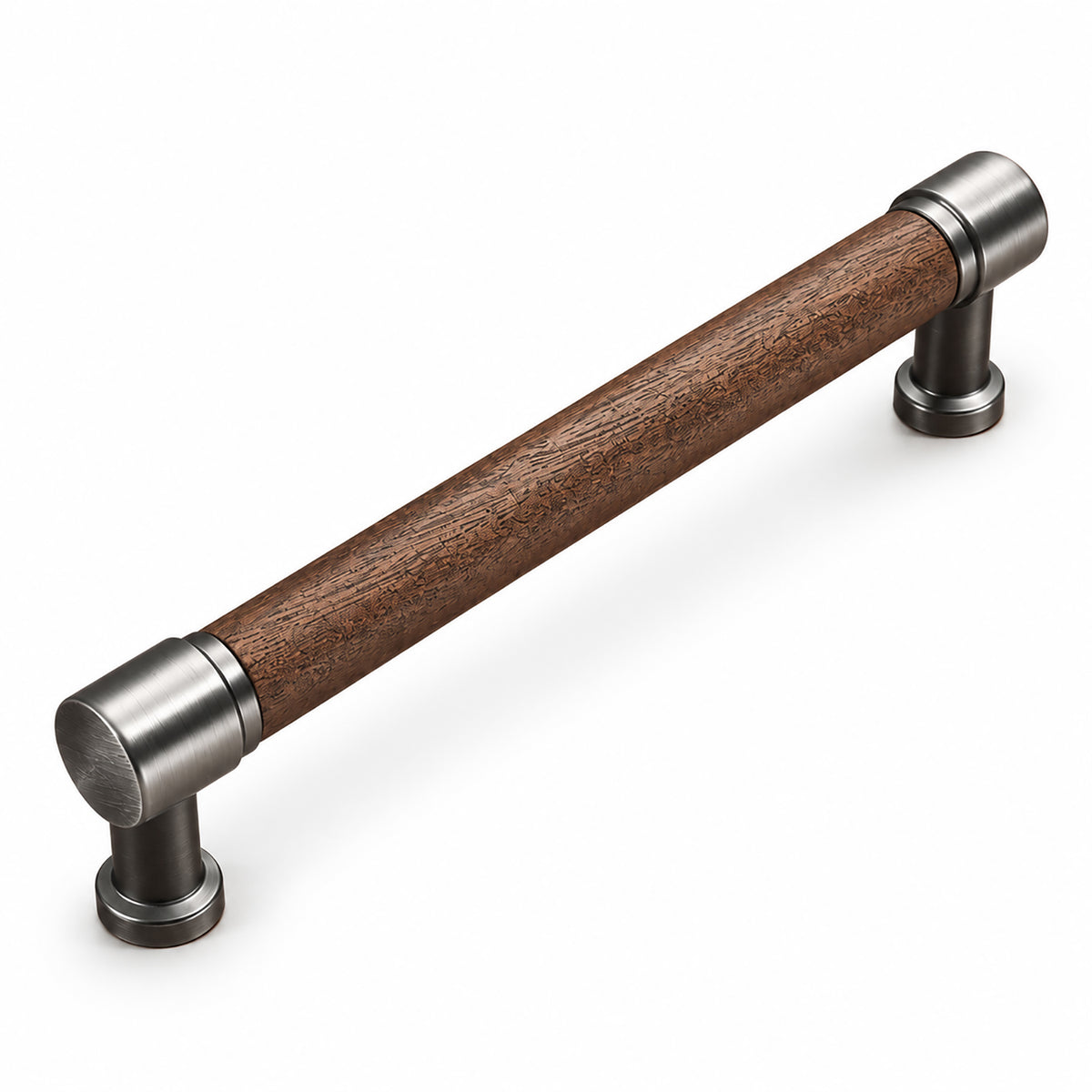 Walnut wood bar cabinet pull with silver-colored mounts, style #5 (128 mm).