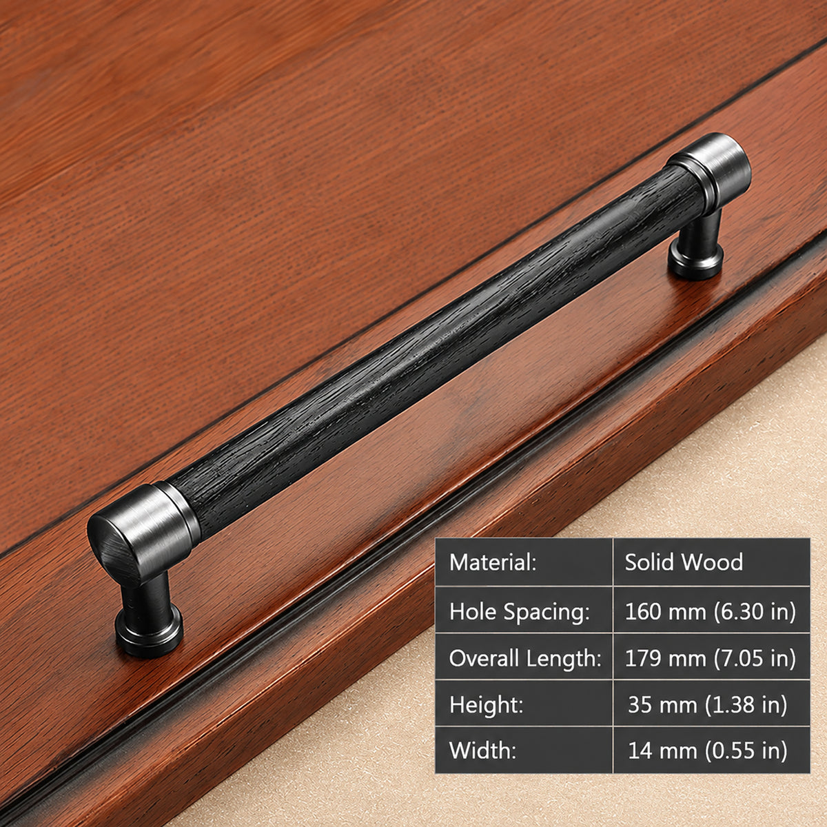 Measurements for black oak bar cabinet pull with silver-colored mounts, style #5 (160 mm).