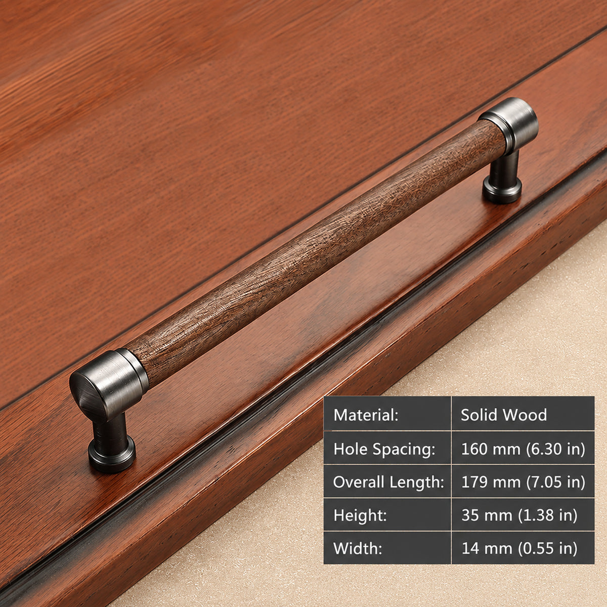 Measurements for walnut wood bar cabinet pull with silver-colored mounts, style #5 (160 mm).