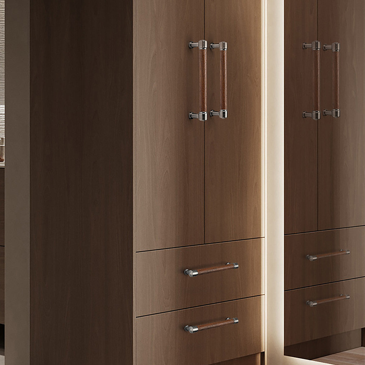 In-use view of walnut wood bar cabinet pull with silver-colored mounts, style #5 (160 mm).