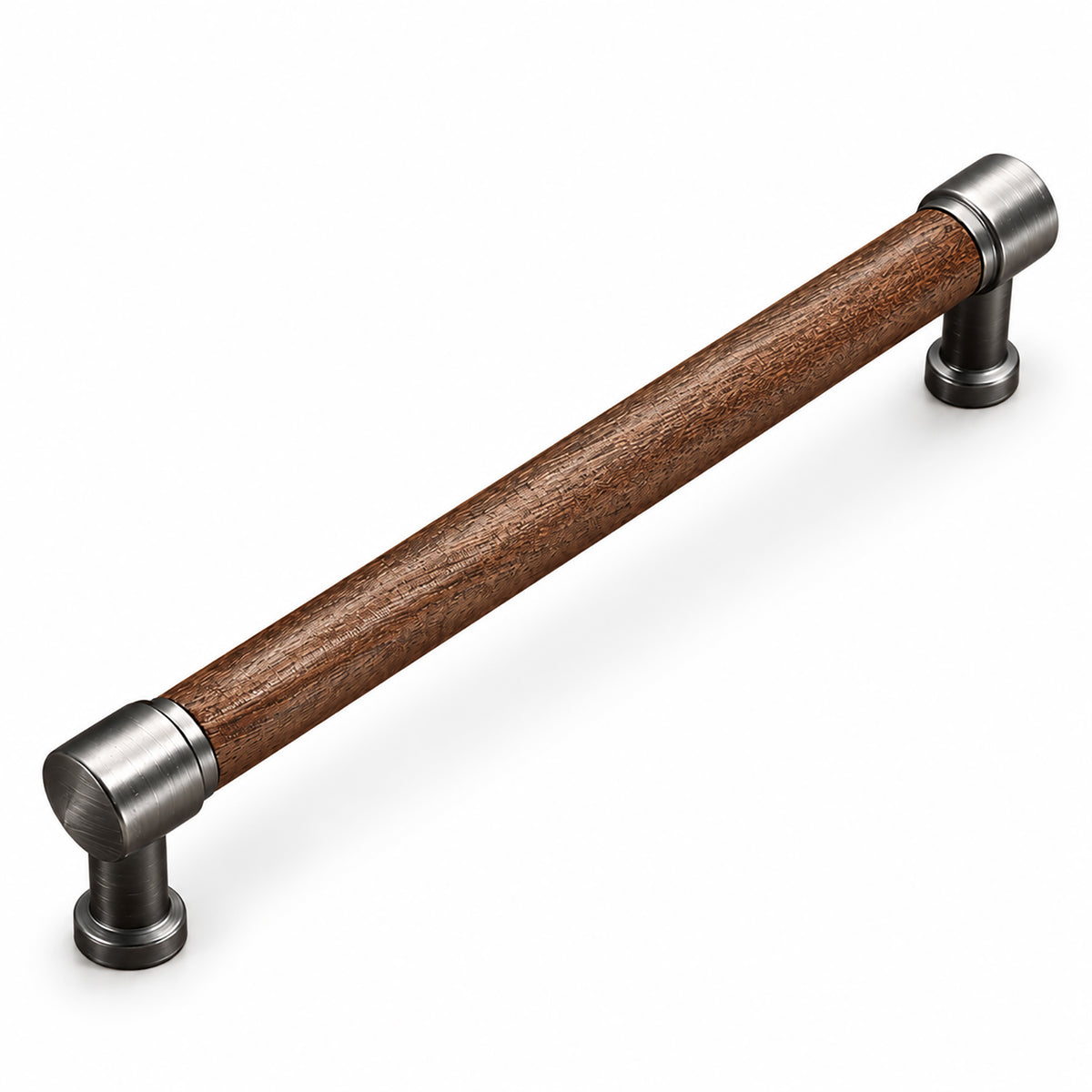 Walnut wood bar cabinet pull with silver-colored mounts, style #5 (160 mm).