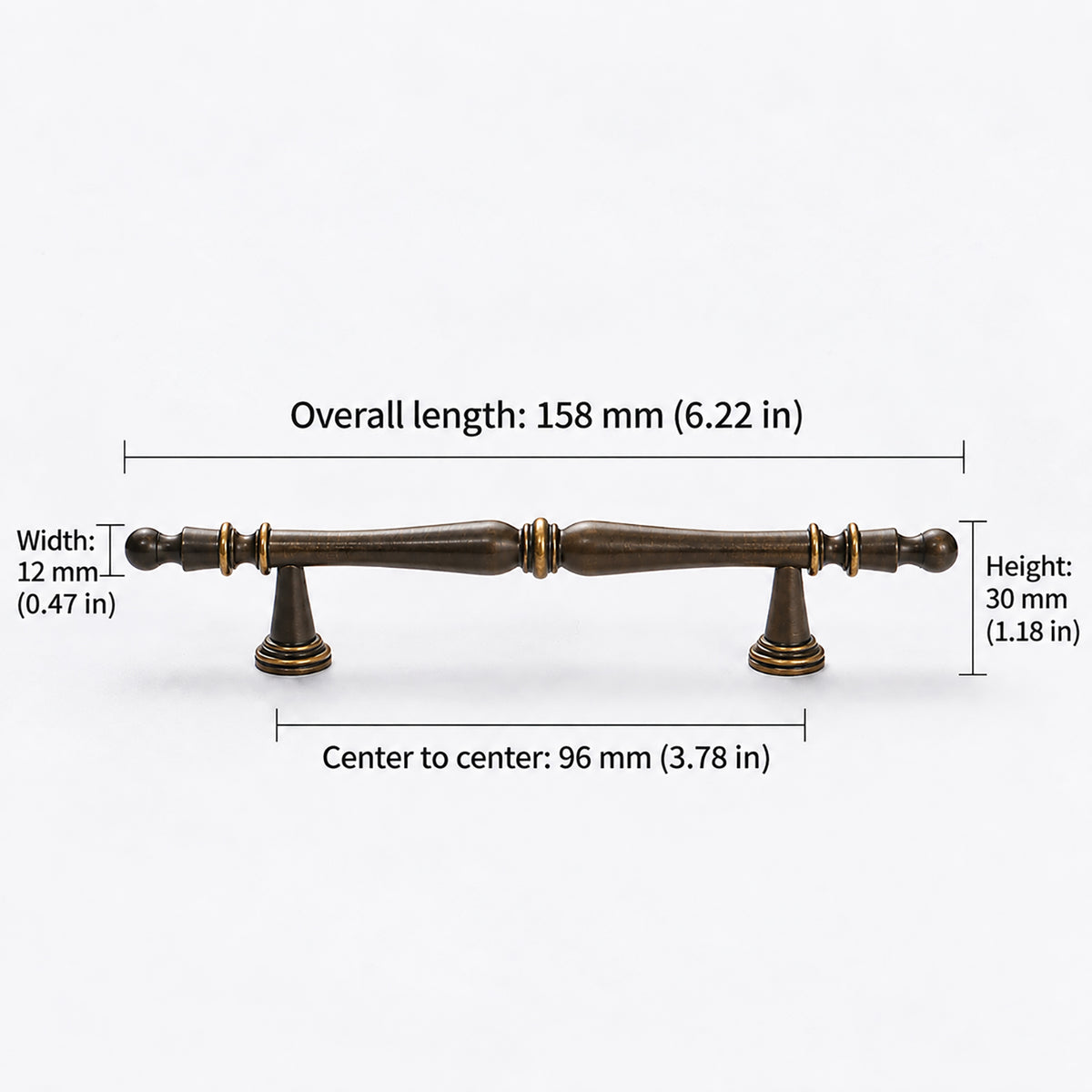 Measurements for dark antique brass bar cabinet pull with turned spindle and finial ends, style #5 (96 mm).