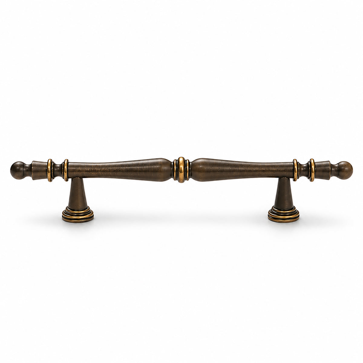 Dark antique brass bar cabinet pull with turned spindle and finial ends, style #5 (96 mm).