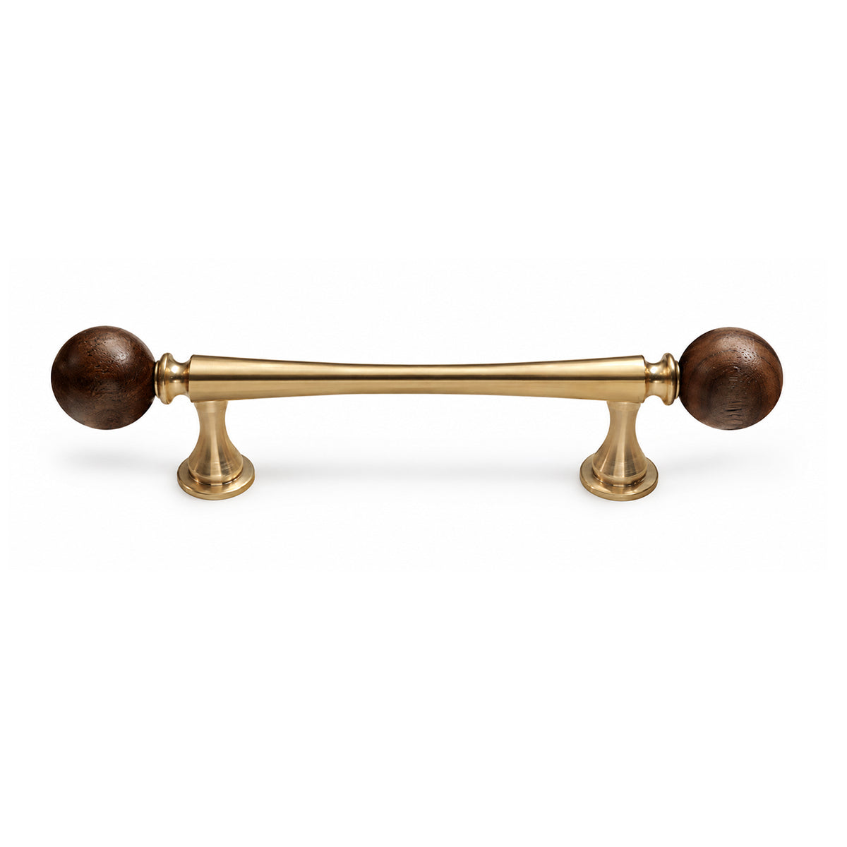 Brass bar cabinet pull with dark wood ball ends, style #5 Brass (96 mm).