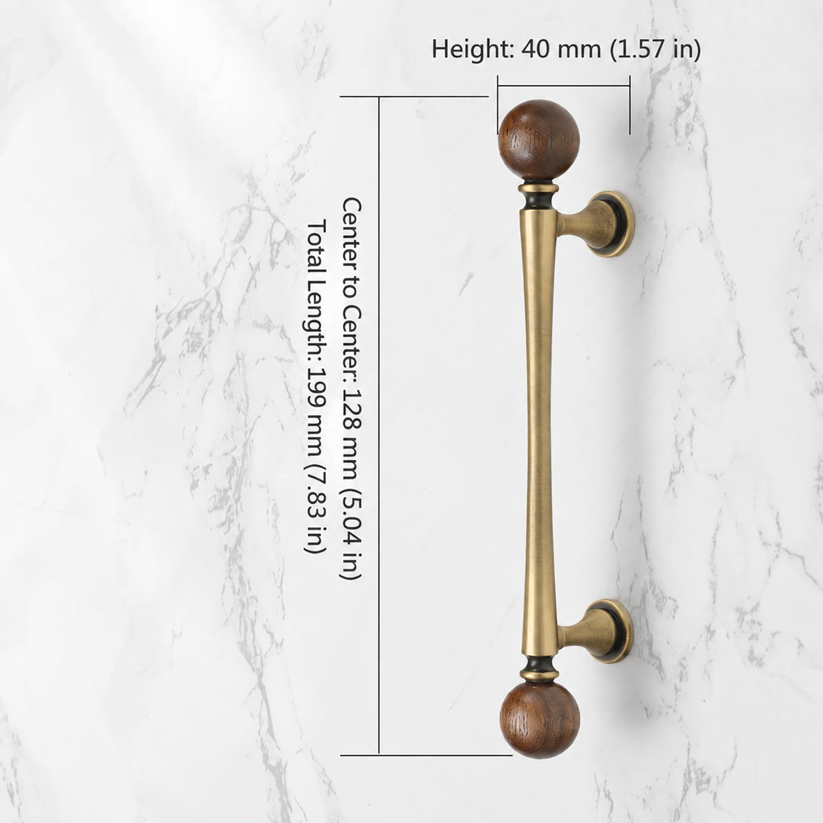 Measurements for bronze-finish bar cabinet pull with dark wood ball ends, style #5 Bronze (128 mm).