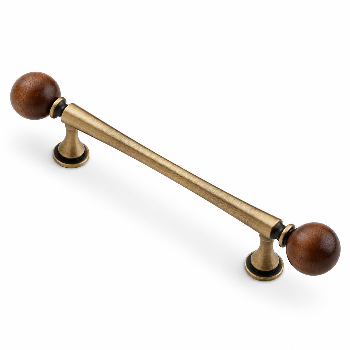 Bronze-finish bar cabinet pull with dark wood ball ends, style #5 Bronze (128 mm).