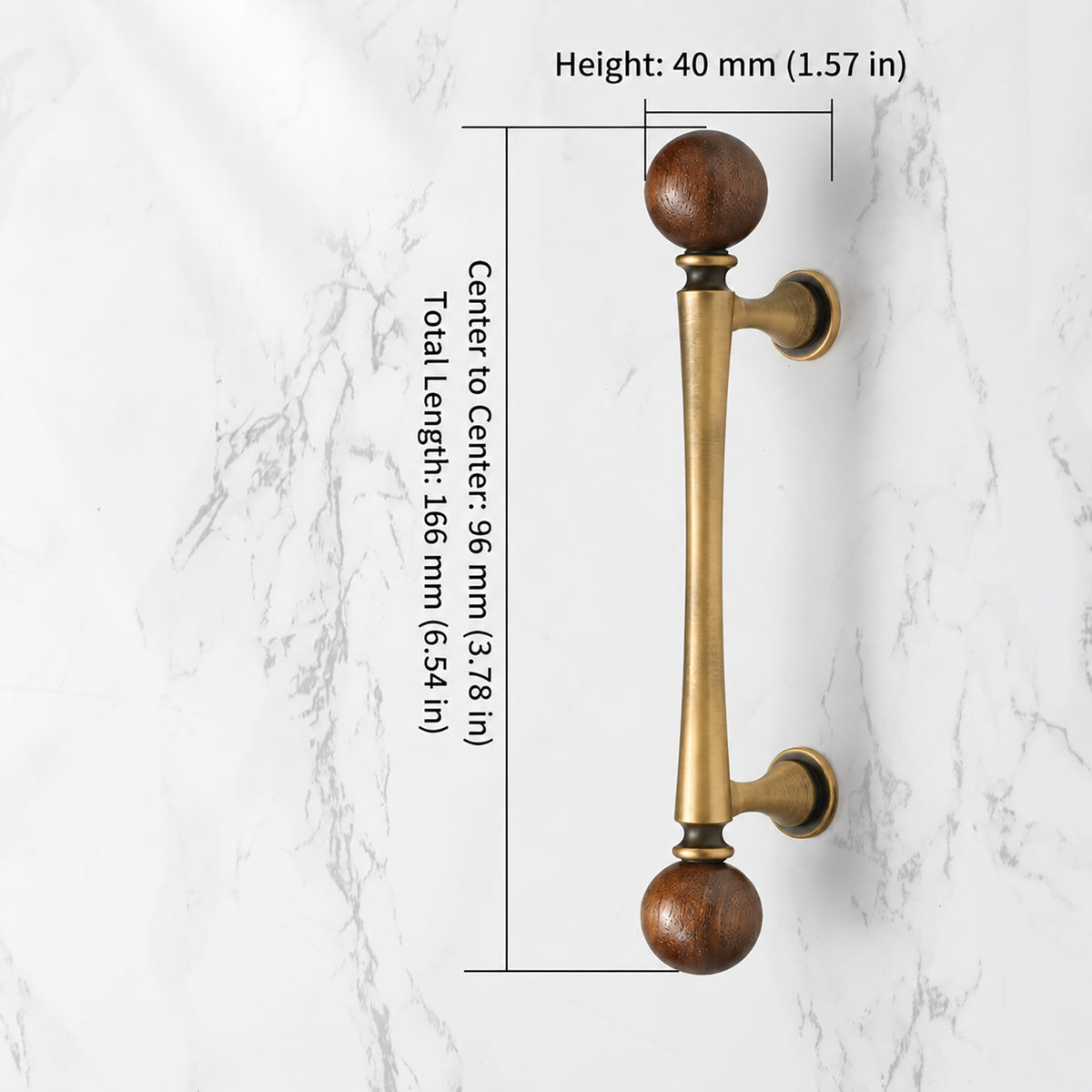 Measurements for bronze-finish bar cabinet pull with dark wood ball ends, style #5 Bronze (96 mm).