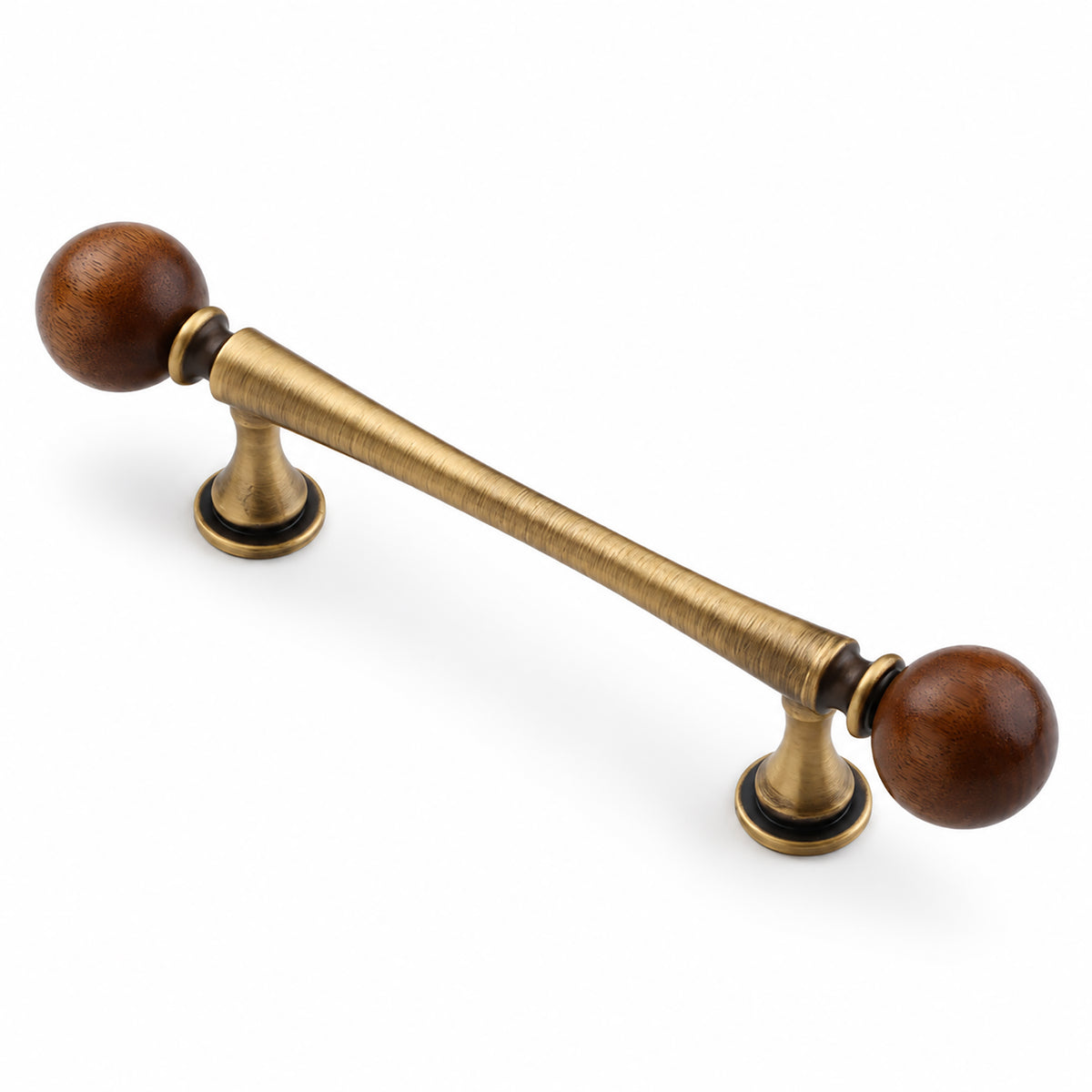 Bronze-finish bar cabinet pull with dark wood ball ends, style #5 Bronze (96 mm).